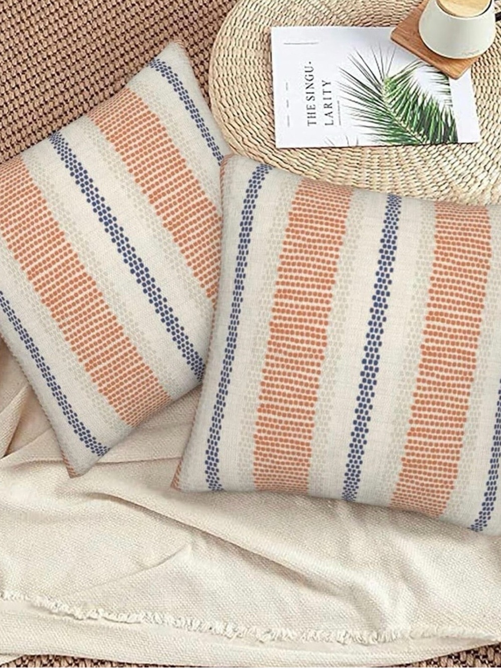 Striped Woven Throw Pillow Covers in Orange and Navy